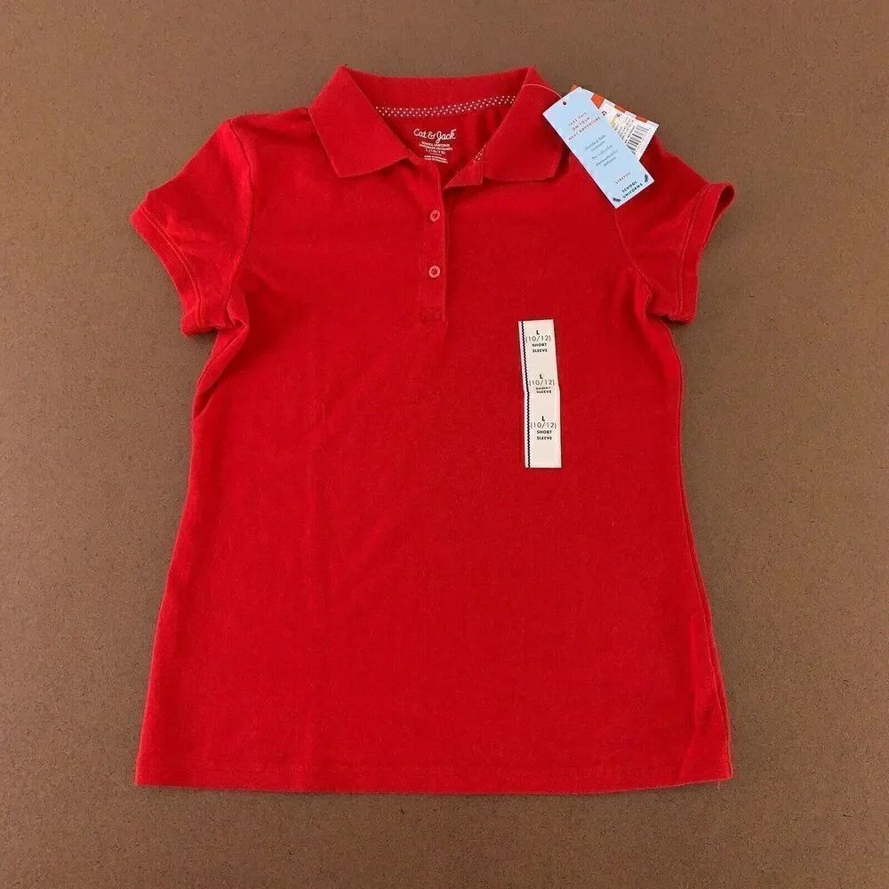 Cat & Jack Girls Size Large 10/12 Red Short Sleeve Uniform Polo Shirt NWT